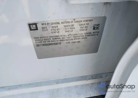 2017 Chevrolet Impala 1Lt из США, поврежденный, VIN 2G1105S30H9159510